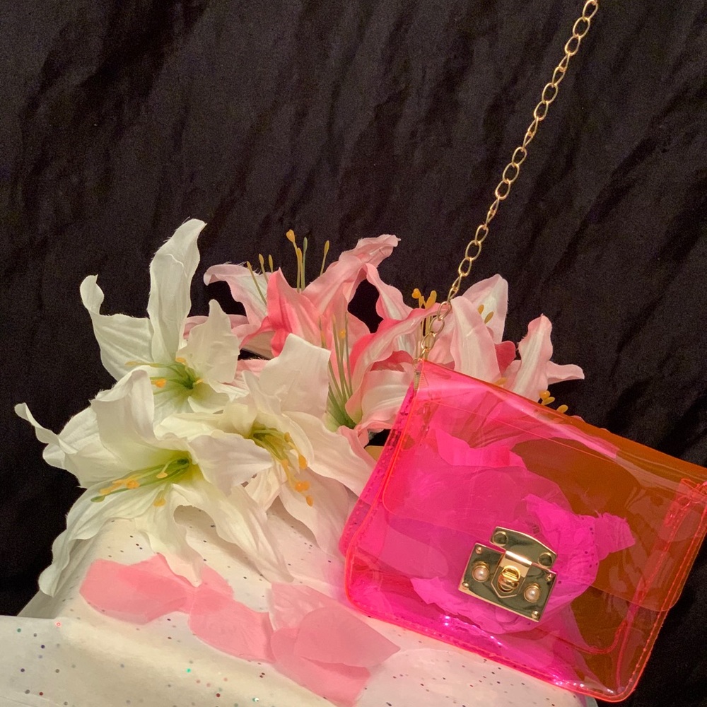Pink and orange Jelly bags. Comes with long gold crossbody chain.